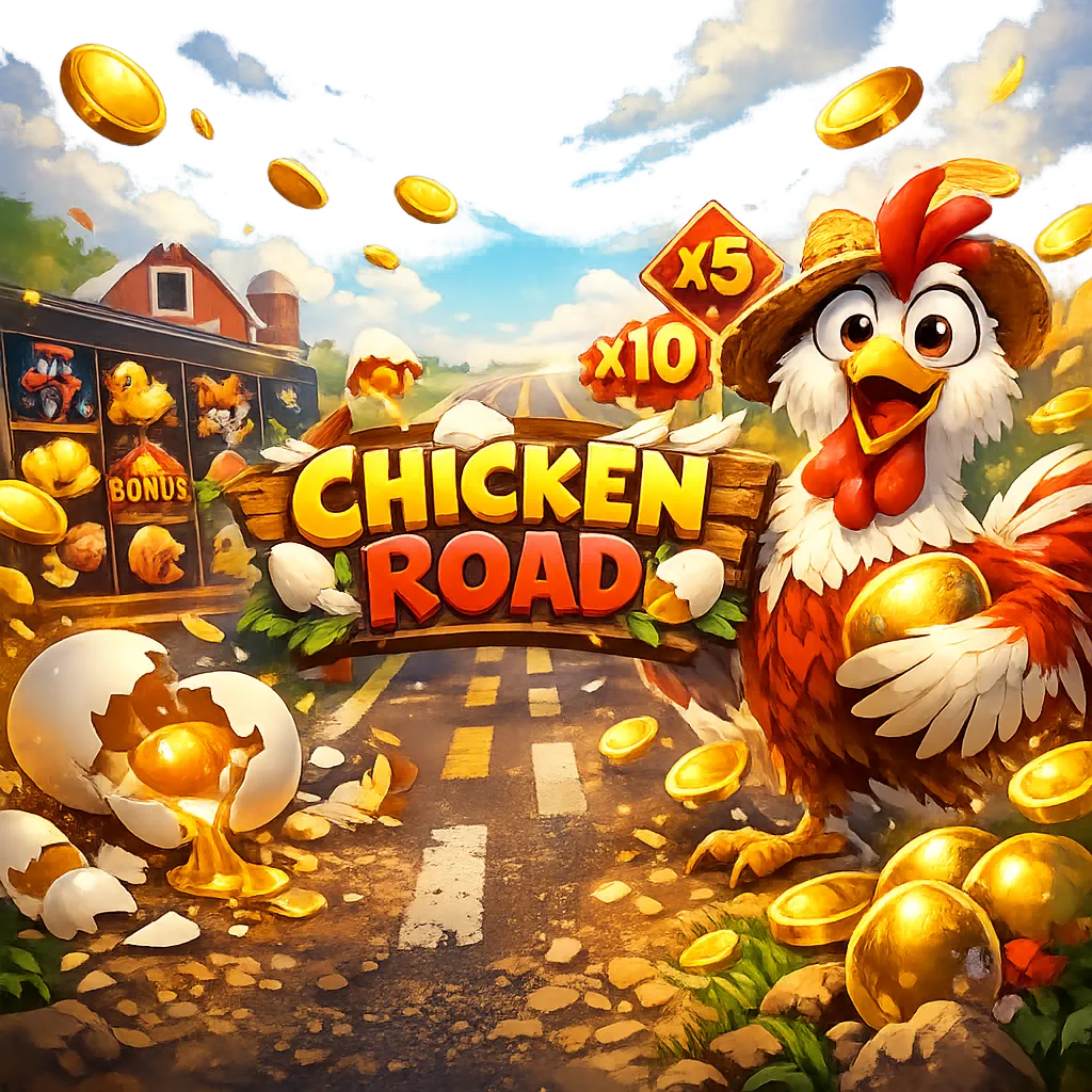 Dynamic promotional image for Chicken Road game with bright cartoon style and arcade energy.