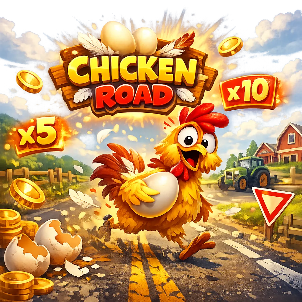 Dynamic promotional image for Chicken Road slot featuring funny chicken mascot, road lanes, floating coins, eggs and playful 